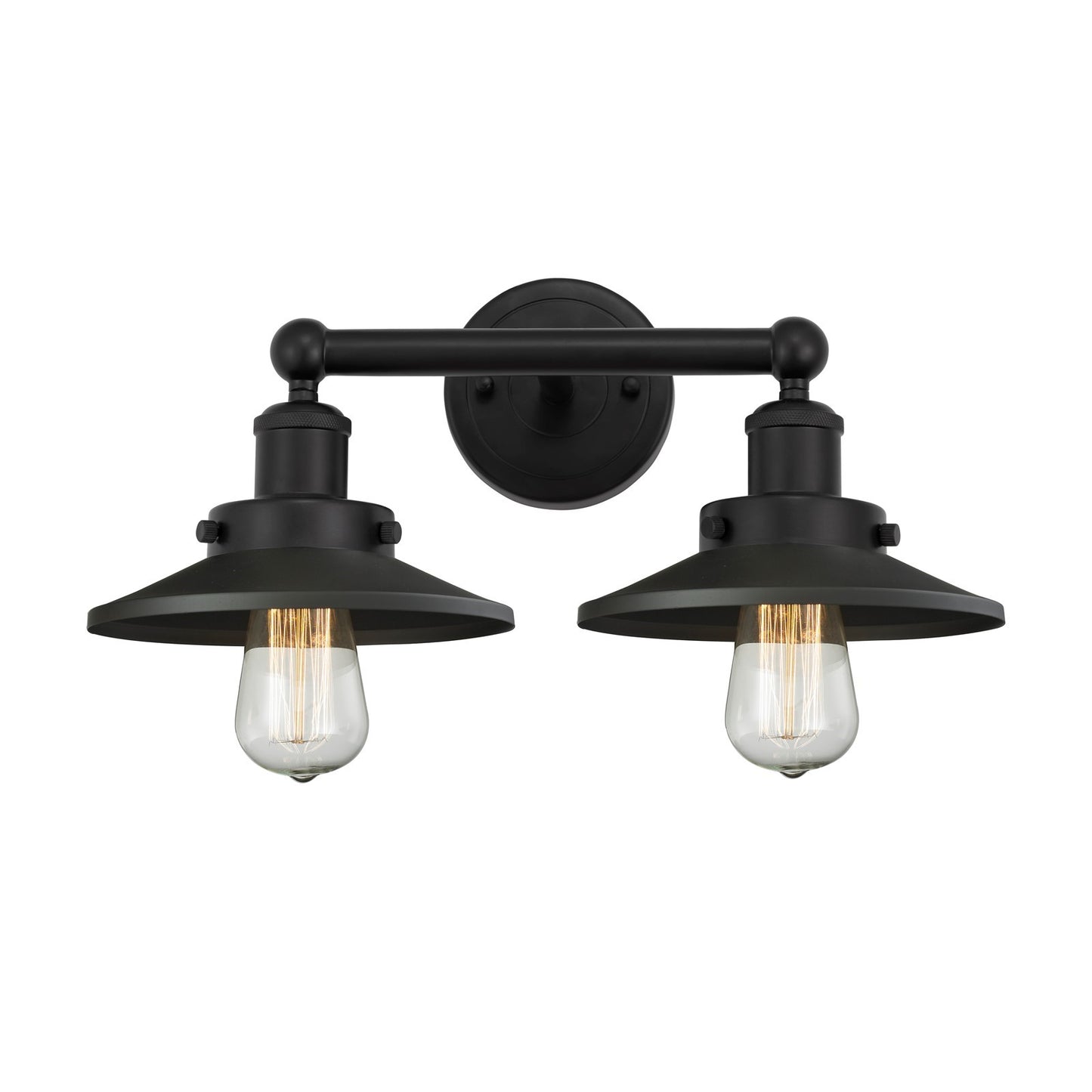 Innovations Railroad 17in 2-Light Bath Vanity Light | Industrial Matte Black Steel and Cast Brass with Matte Black Metal Cone | Model 616-2W-BK-M6-BK