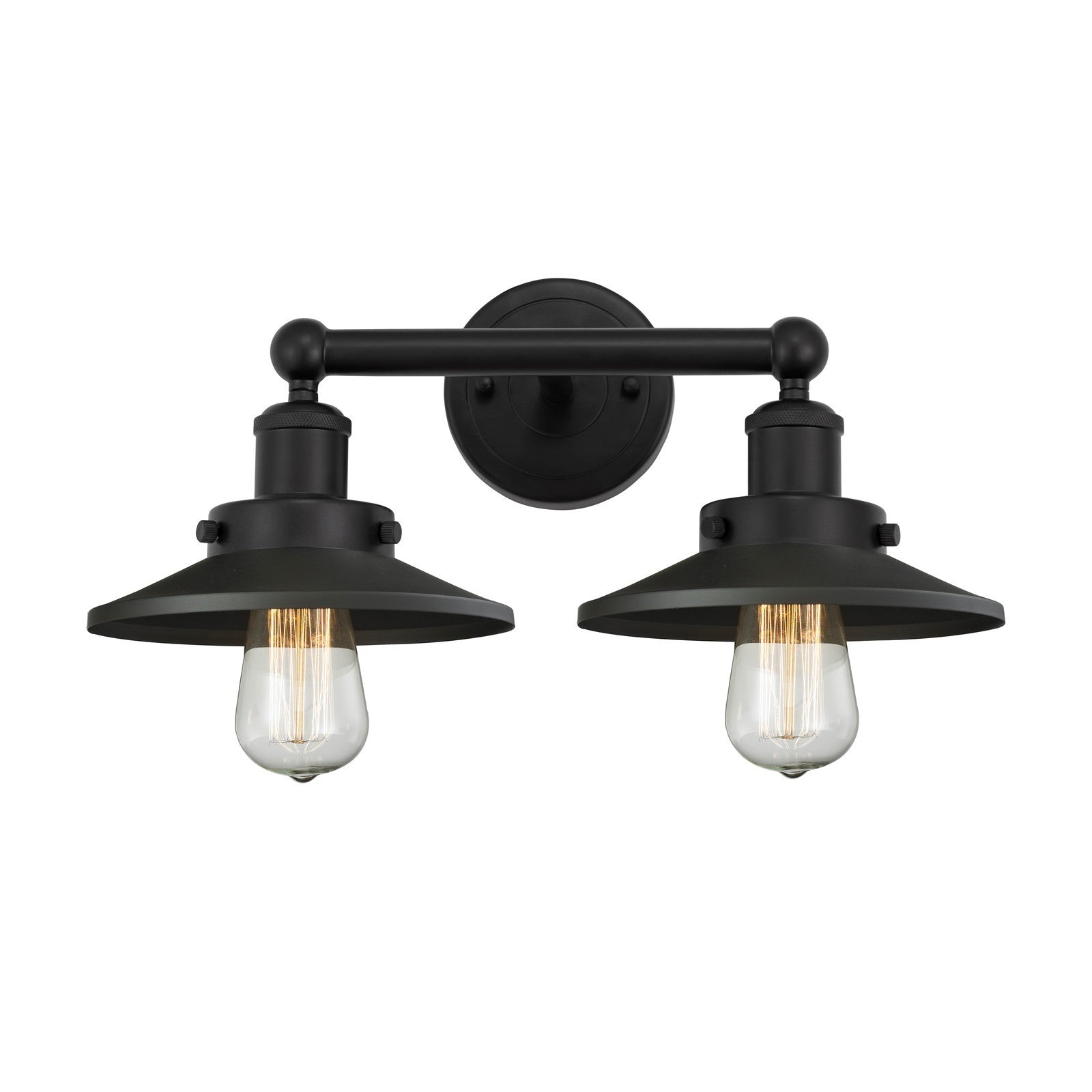 Innovations Railroad 17in 2-Light Bath Vanity Light | Industrial Matte Black Steel and Cast Brass with Matte Black Metal Cone | Model 616-2W-BK-M6-BK