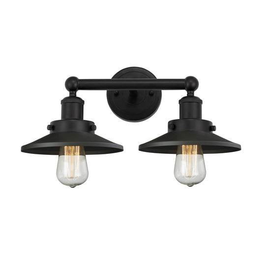 Innovations Railroad 17in 2-Light Bath Vanity Light | Industrial Matte Black Steel and Cast Brass with Matte Black Metal Cone | Model 616-2W-BK-M6-BK