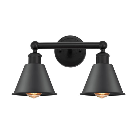 Innovations Smithfield 16in 2-Light Bath Vanity Light | Industrial Farmhouse Matte Black Steel and Cast Brass Metal Cone Shade | Model 616-2W-BK-M8-BK