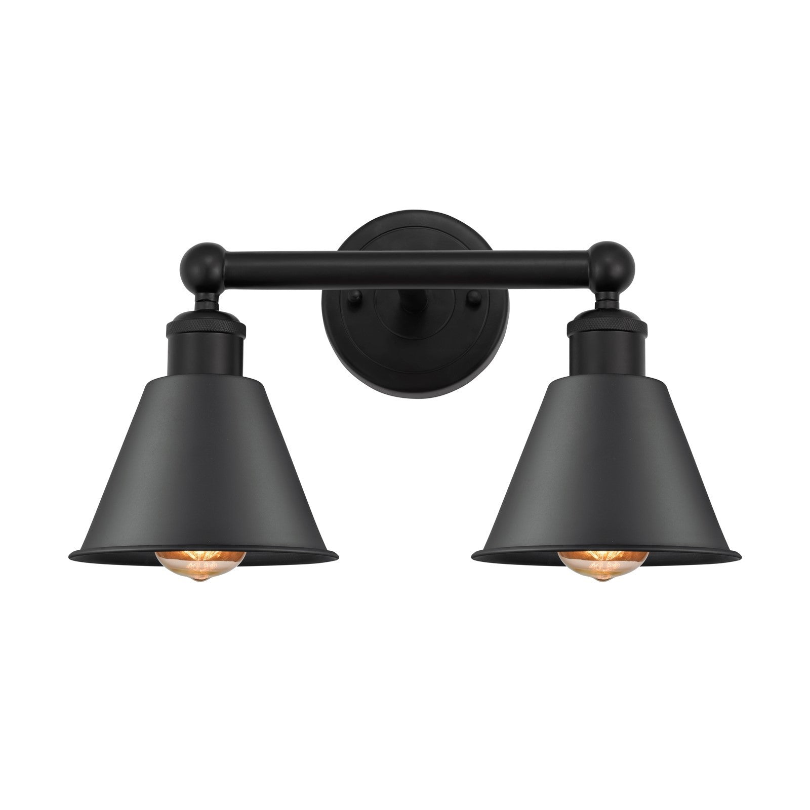Innovations Smithfield 16in 2-Light Bath Vanity Light | Industrial Farmhouse Matte Black Steel and Cast Brass Metal Cone Shade | Model 616-2W-BK-M8-BK