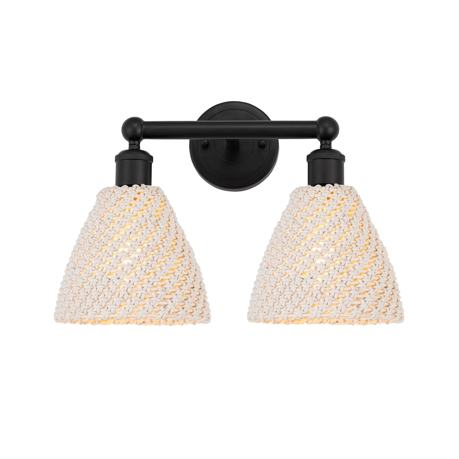 Innovations Bristol Natural 17in 2-Light Bath Vanity | Industrial Matte Black Steel and Natural Fiber Dome Shade | Bathroom | Model 616-2W-BK-NBD-75-NAT