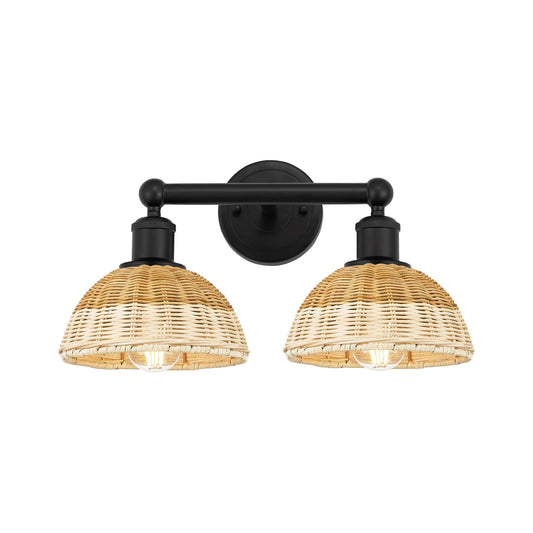 Innovations Bristol Natural II 17in 2-Light Bath Vanity Light | Industrial Matte Black Steel and Natural Fiber Shade | Model 616-2W-BK-NBD2-75-NAT