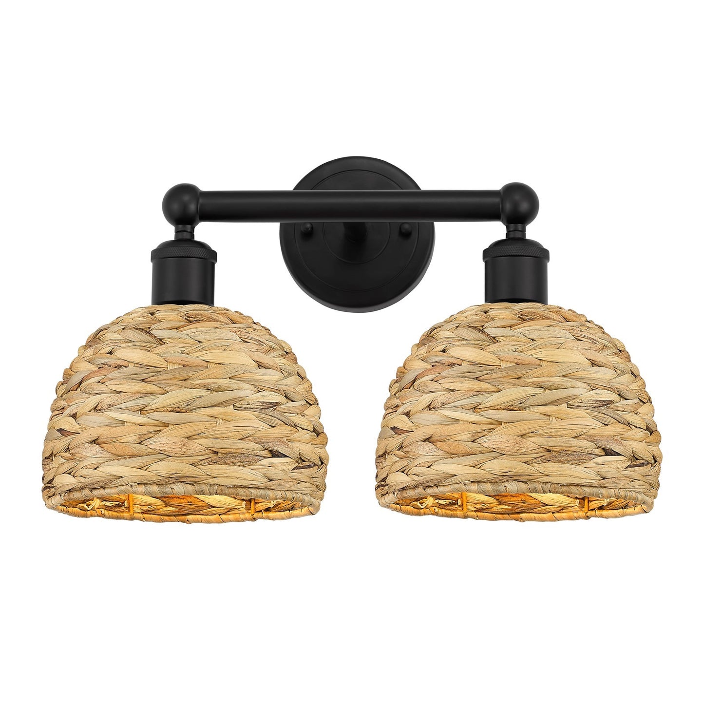 Innovations Woven Rattan 17in 2-Light Bath Vanity | Industrial Matte Black Steel and Natural Fiber Shade | Bathroom Vanity | Model 616-2W-BK-RBD-8-NAT