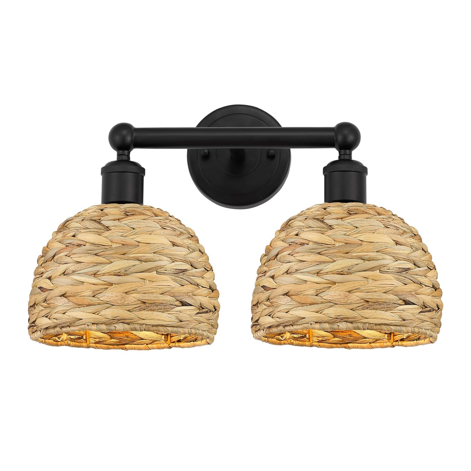 Innovations Woven Rattan 17in 2-Light Bath Vanity | Industrial Matte Black Steel and Natural Fiber Shade | Bathroom Vanity | Model 616-2W-BK-RBD-8-NAT