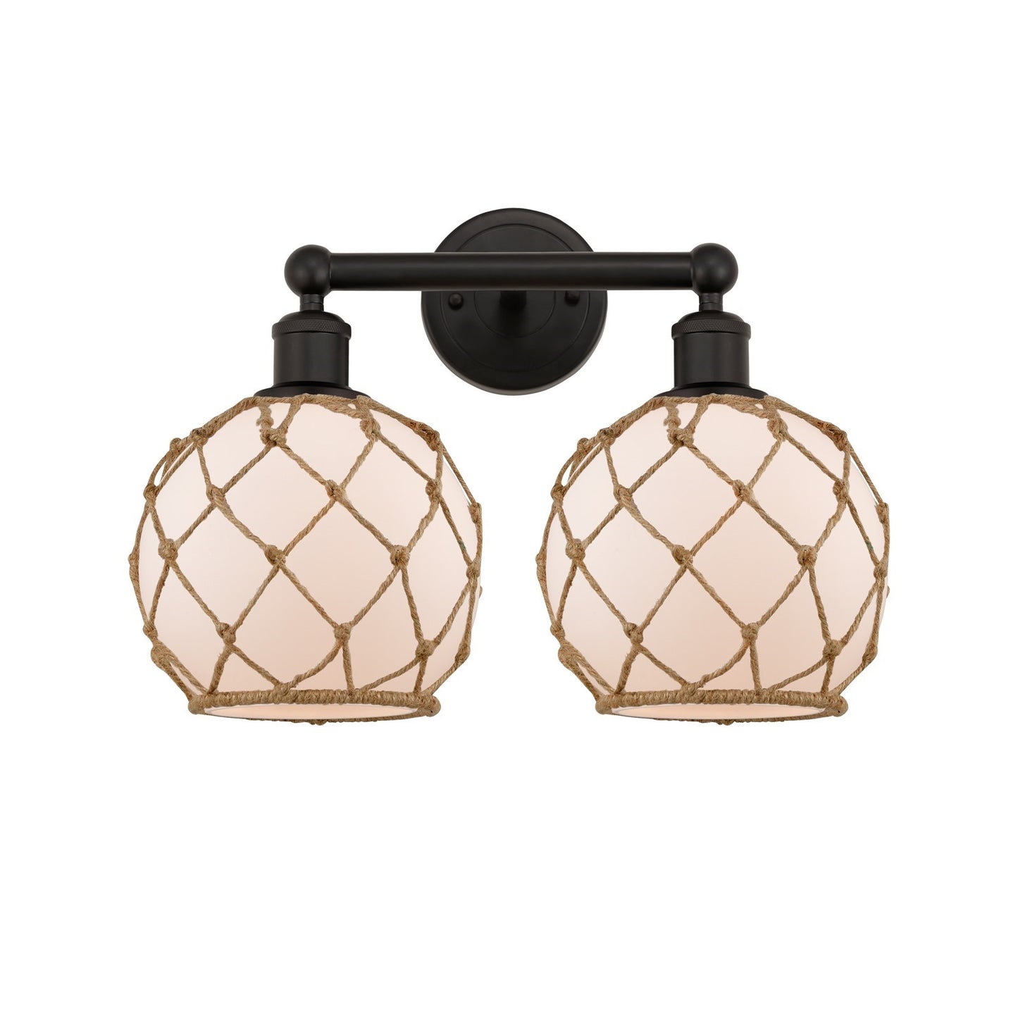 Innovations Farmhouse Rope 17in 2-Light Bath Vanity | Industrial Oil Rubbed Bronze Steel and White Frosted Glass with Brown | Model 616-2W-OB-G121-8RB