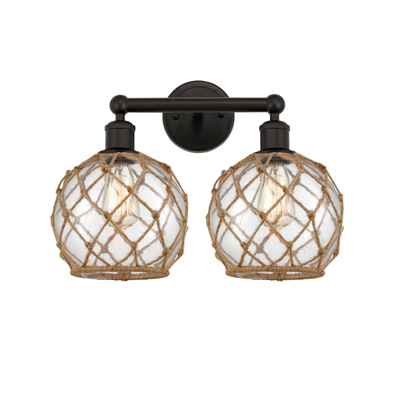 Innovations Farmhouse Rope 17in 2-Light Bath Vanity Light | Industrial Oil Rubbed Bronze Steel and Clear Glass with Brown Rope | Model 616-2W-OB-G122-8RB