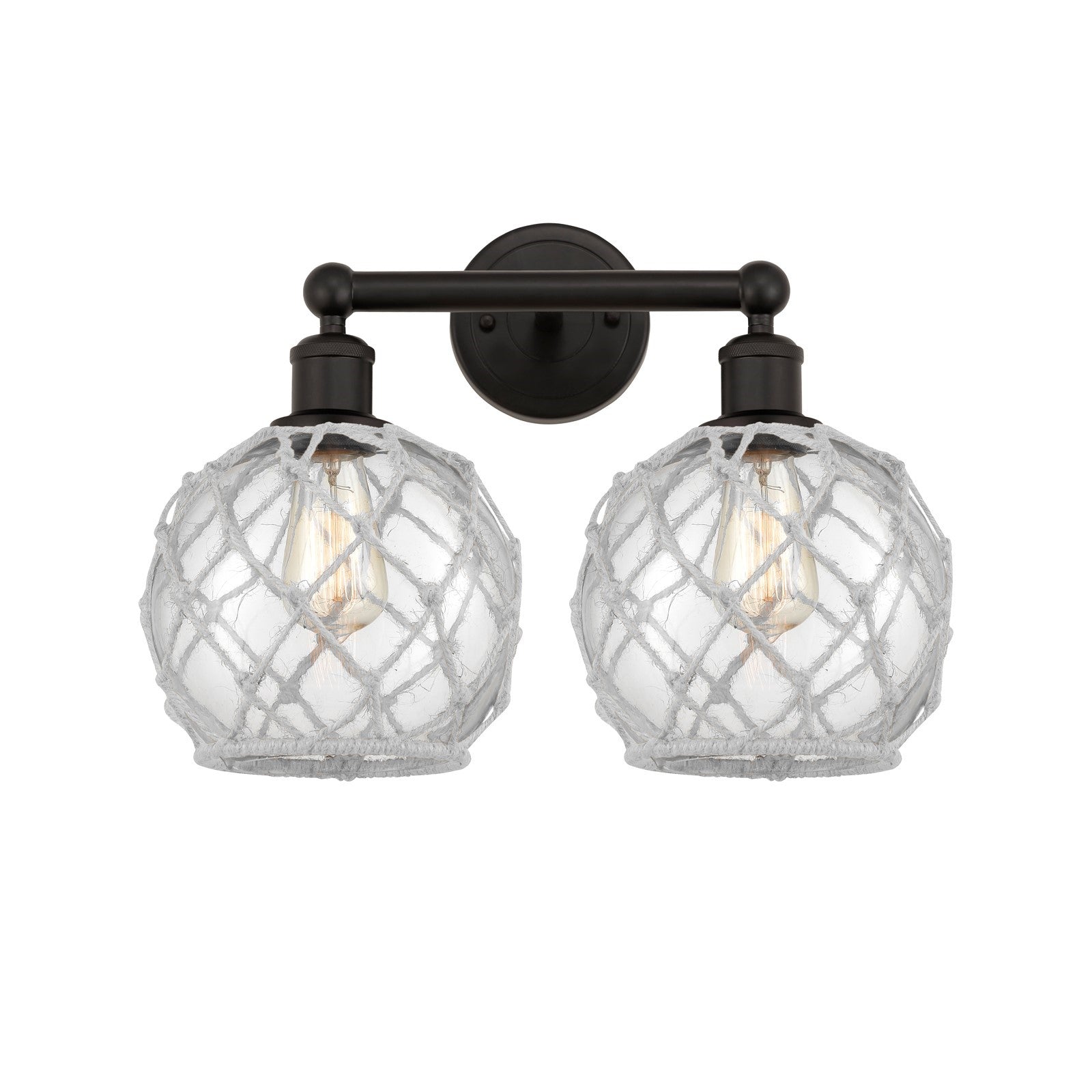 Innovations Farmhouse Rope 17in 2-Light Bath Vanity | Industrial Oil Rubbed Bronze Steel and Clear Glass with White Rope | Model 616-2W-OB-G122-8RW