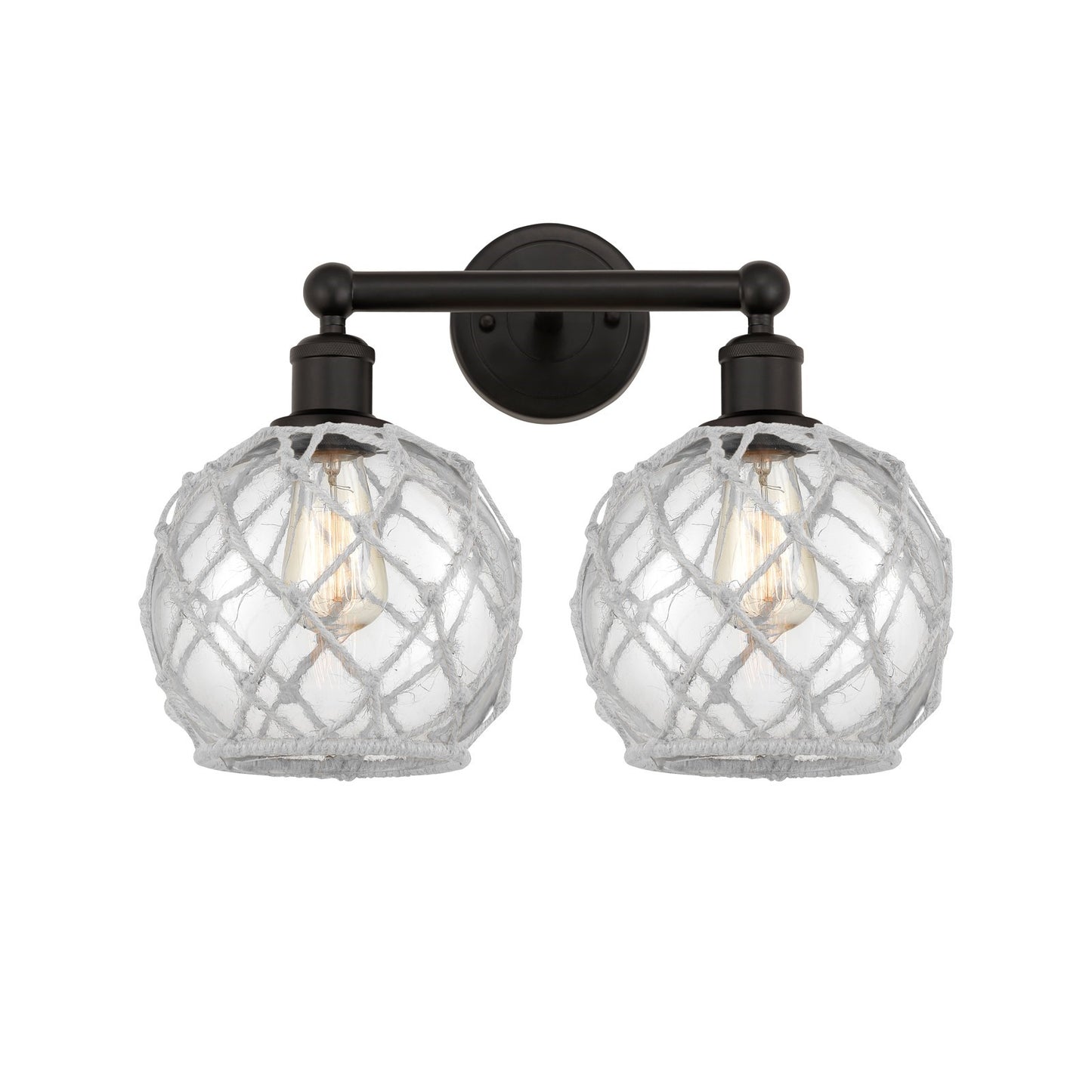 Innovations Farmhouse Rope 17in 2-Light Bath Vanity | Industrial Oil Rubbed Bronze Steel and Clear Glass with White Rope | Model 616-2W-OB-G122-8RW
