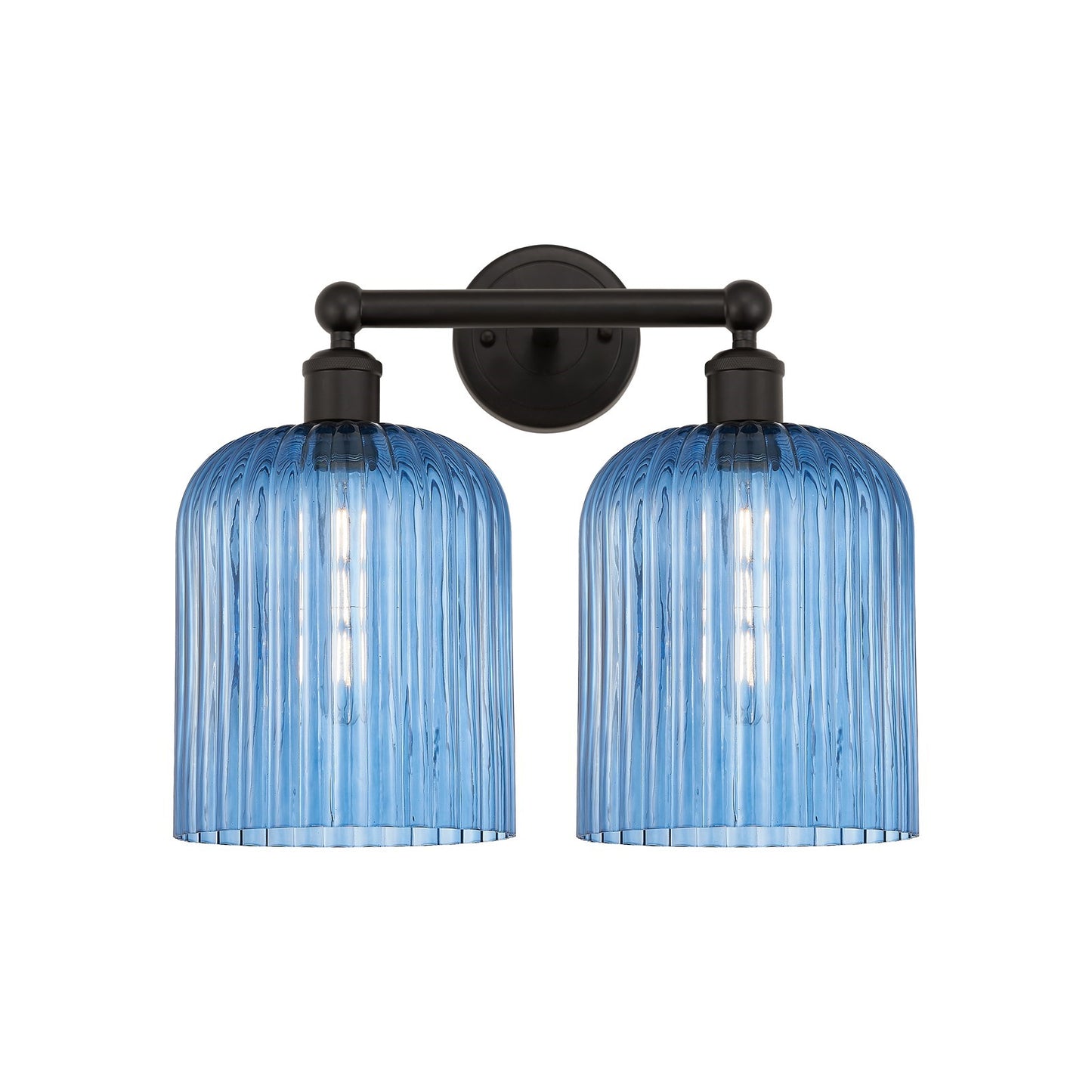 Innovations Bridal Veil 14in 2-Light Bath Vanity Light | Art Nouveau Oil Rubbed Bronze and Princess Blue Ribbed Glass | Model 616-2W-OB-G559-8BL