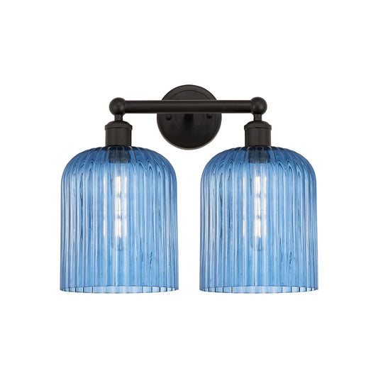 Innovations Bridal Veil 14in 2-Light Bath Vanity Light | Art Nouveau Oil Rubbed Bronze and Princess Blue Ribbed Glass | Model 616-2W-OB-G559-8BL