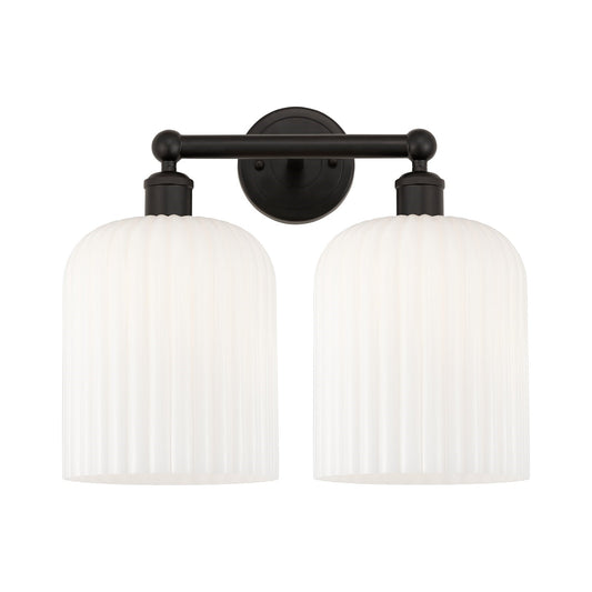 Innovations Bridal Veil 14in 2-Light Bath Vanity Light | Art Nouveau Oil Rubbed Bronze and Gloss White Ribbed Glass | Bathroom | Model 616-2W-OB-G559-8GWH