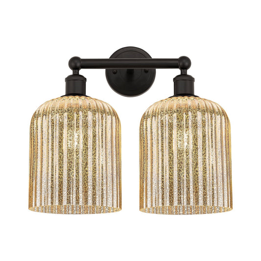 Innovations Bridal Veil 14in 2-Light Bath Vanity Light | Art Nouveau Industrial Oil Rubbed Bronze and Mercury Ribbed Glass | Model 616-2W-OB-G559-8ME
