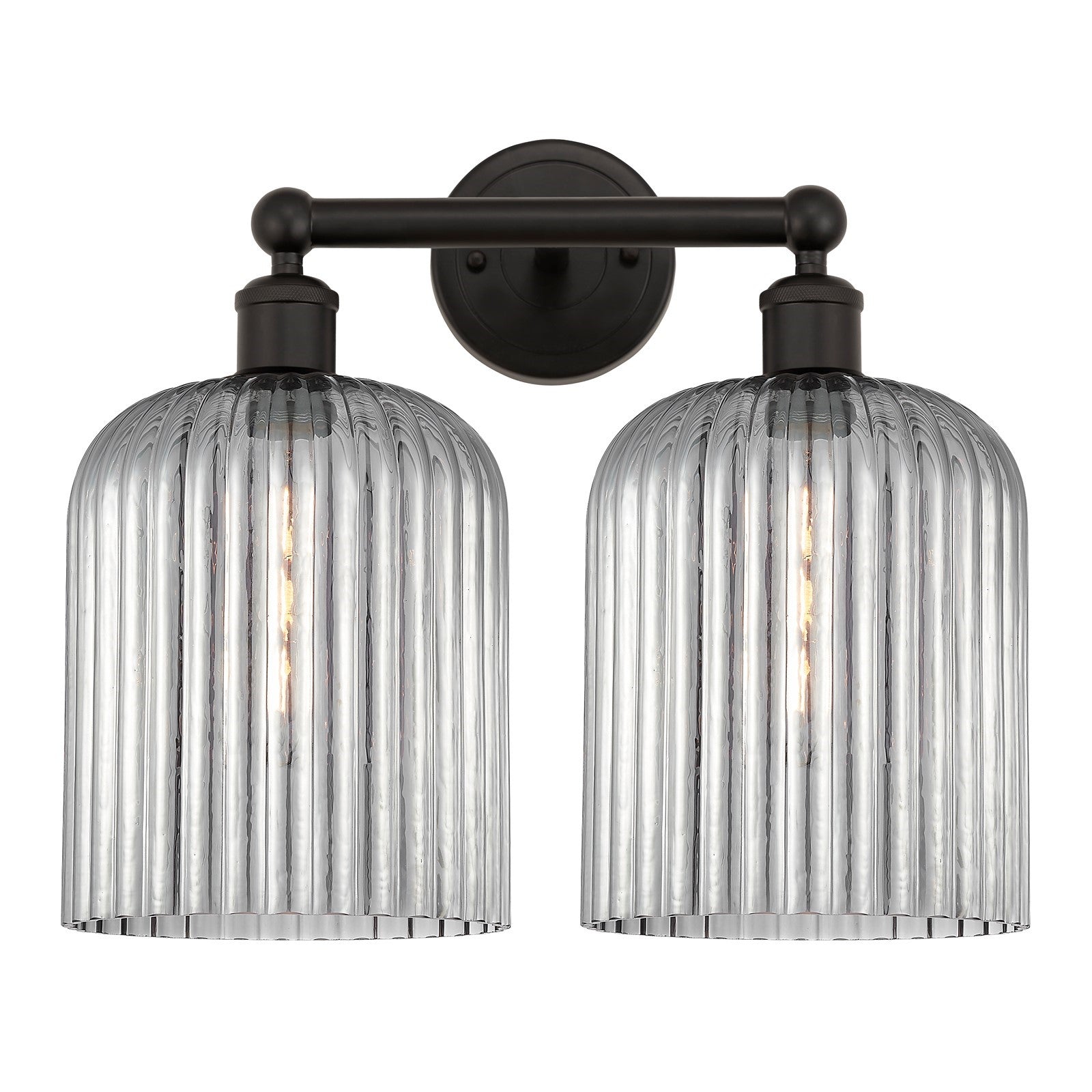 Innovations Bridal Veil 14in 2-Light Bath Vanity Light | Industrial Oil Rubbed Bronze and Light Smoke Ribbed Glass | Bathroom | Model 616-2W-OB-G559-8SM