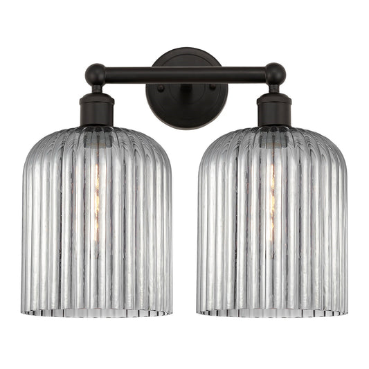 Innovations Bridal Veil 14in 2-Light Bath Vanity Light | Industrial Oil Rubbed Bronze and Light Smoke Ribbed Glass | Bathroom | Model 616-2W-OB-G559-8SM