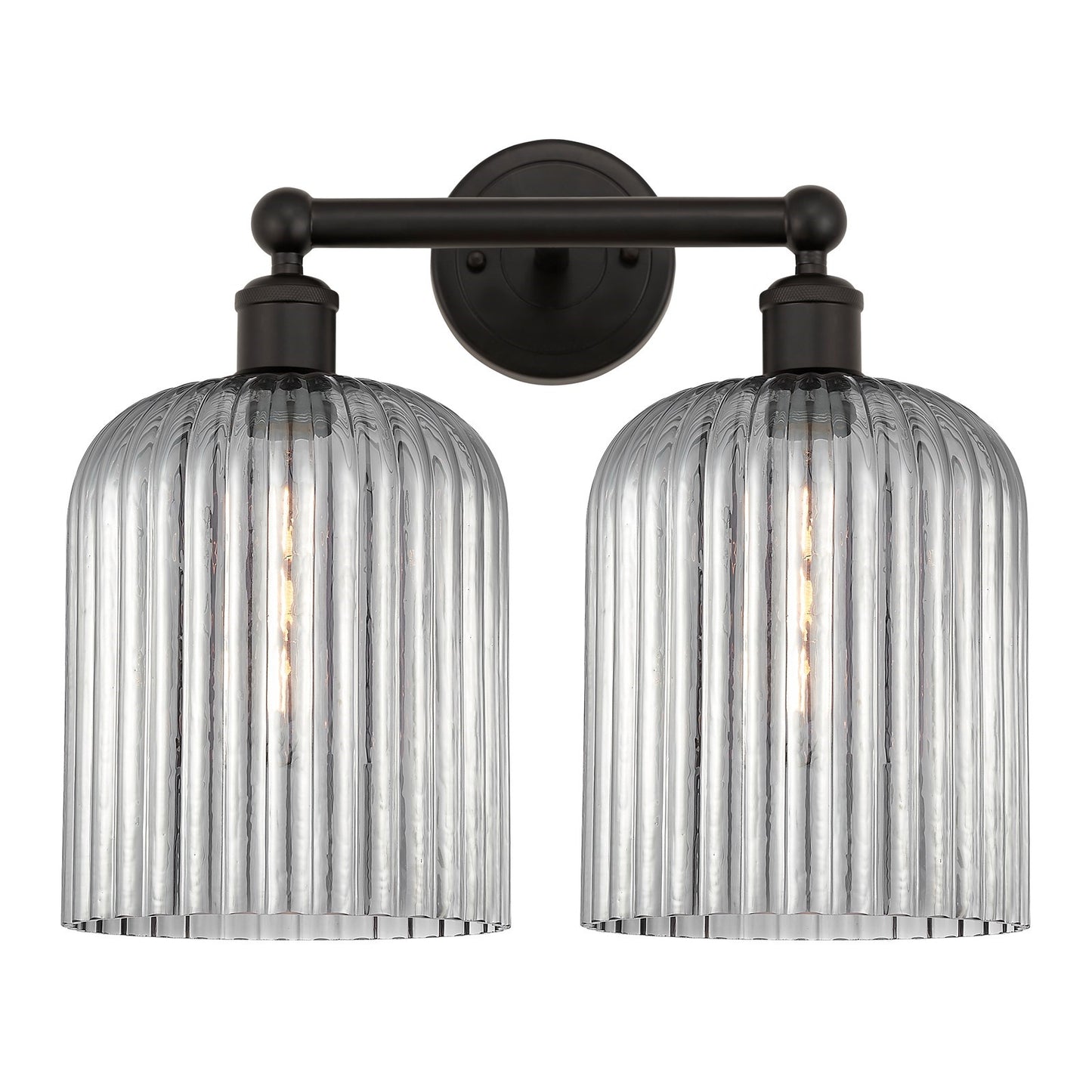 Innovations Bridal Veil 14in 2-Light Bath Vanity Light | Industrial Oil Rubbed Bronze and Light Smoke Ribbed Glass | Bathroom | Model 616-2W-OB-G559-8SM
