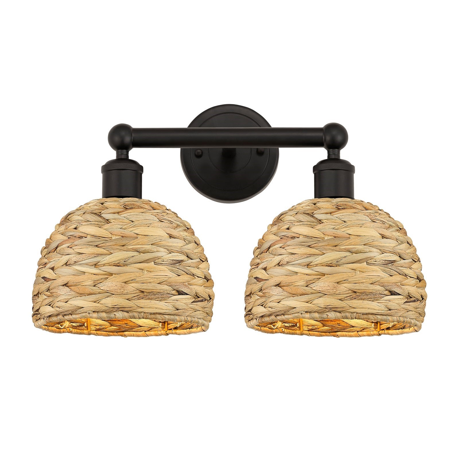 Innovations Woven Rattan 17in 2-Light Bath Vanity Light | Industrial Oil Rubbed Bronze Steel and Natural Fiber Shade | Damp | Model 616-2W-OB-RBD-8-NAT