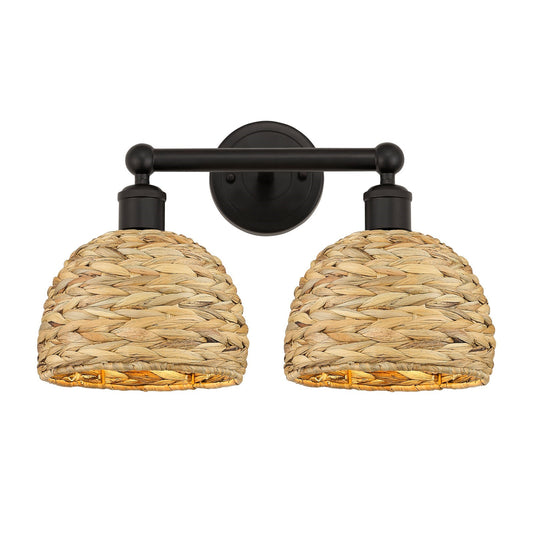 Innovations Woven Rattan 17in 2-Light Bath Vanity Light | Industrial Oil Rubbed Bronze Steel and Natural Fiber Shade | Damp | Model 616-2W-OB-RBD-8-NAT