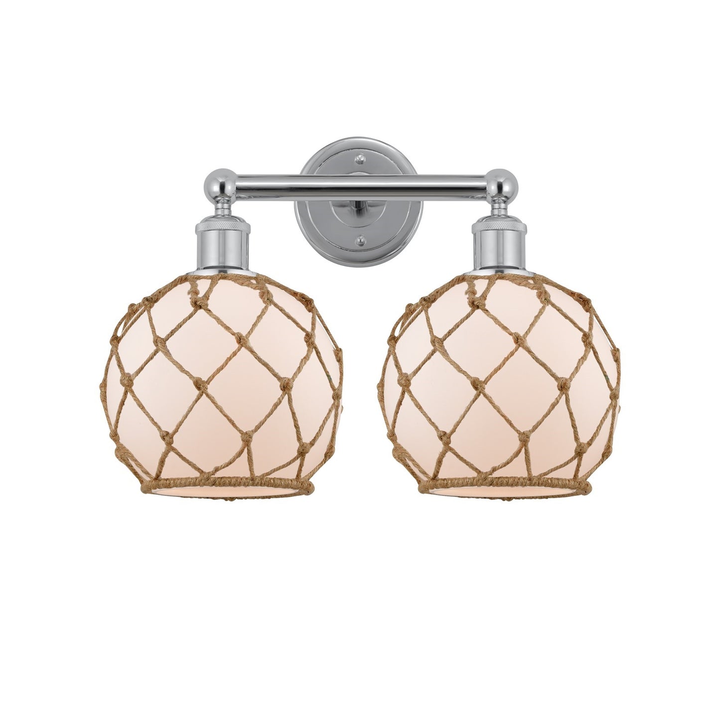 Innovations Farmhouse Rope 17in 2-Light Bath Vanity Light | Industrial Polished Chrome and White Glass with Brown Rope | Model 616-2W-PC-G121-8RB
