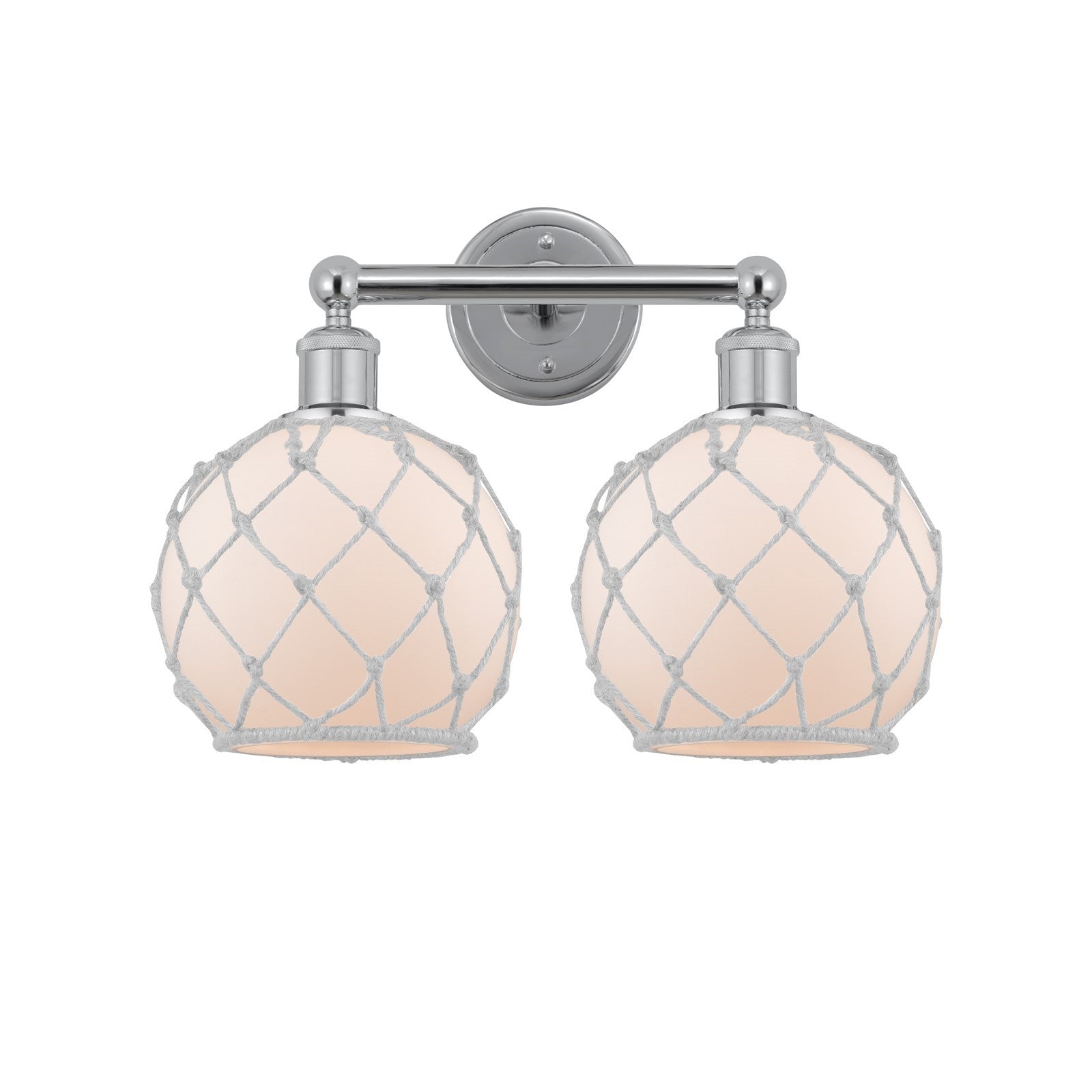 Innovations Farmhouse Rope 17in 2-Light Bath Vanity | Industrial Polished Chrome Steel and White Frosted Glass with Rope Shade | Model 616-2W-PC-G121-8RW