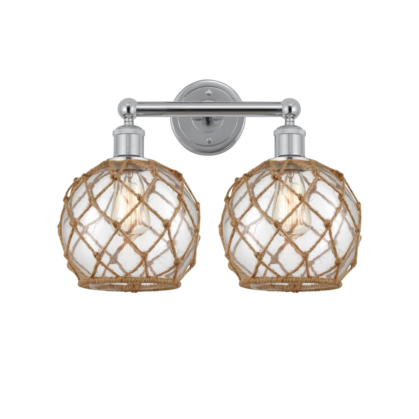 Innovations Farmhouse Rope 17in 2-Light Bath Vanity | Industrial Polished Chrome and Clear Glass with Brown Rope | Bathroom | Model 616-2W-PC-G122-8RB
