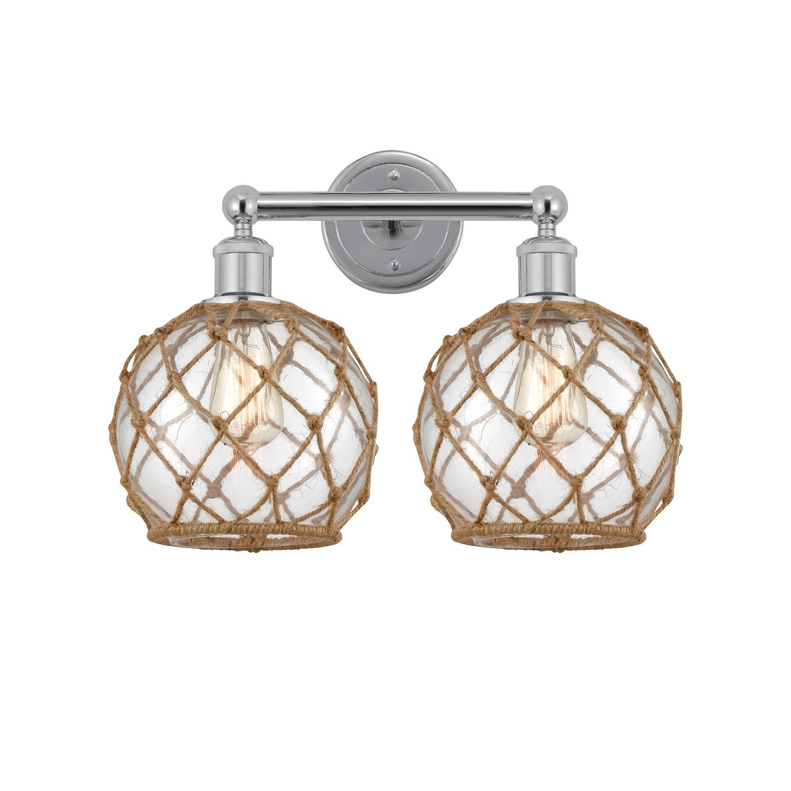 Innovations Farmhouse Rope 17in 2-Light Bath Vanity | Industrial Polished Chrome and Clear Glass with Brown Rope | Bathroom | Model 616-2W-PC-G122-8RB