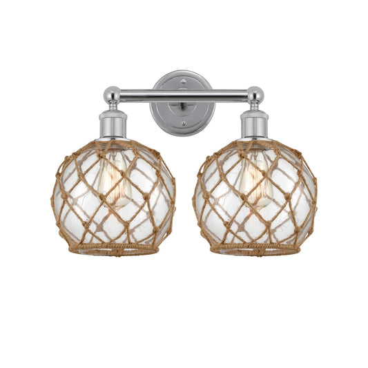 Innovations Farmhouse Rope 17in 2-Light Bath Vanity | Industrial Polished Chrome and Clear Glass with Brown Rope | Bathroom | Model 616-2W-PC-G122-8RB