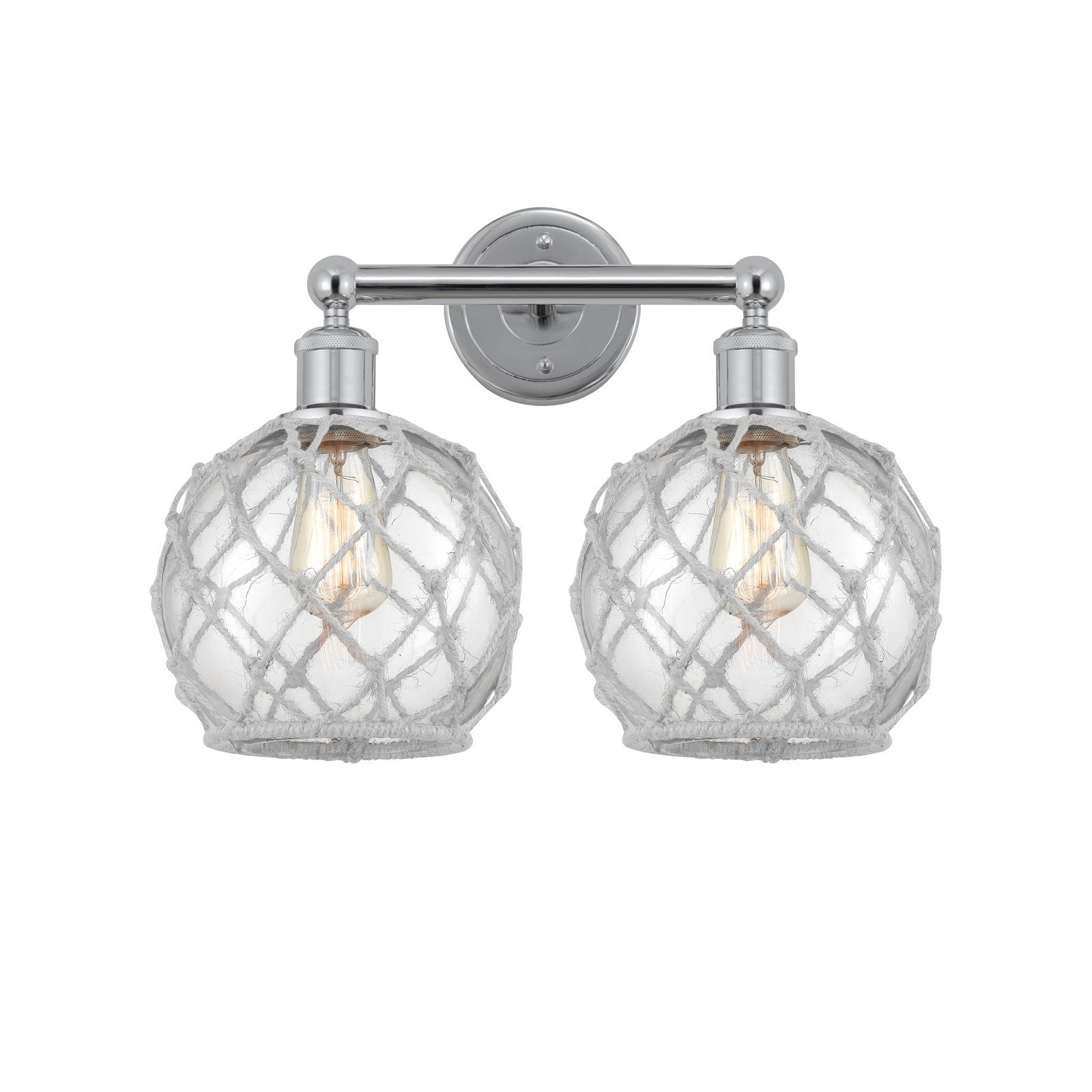 Innovations Farmhouse Rope 17in 2-Light Bath Vanity | Industrial Polished Chrome Steel and Clear Glass with White Rope | Model 616-2W-PC-G122-8RW