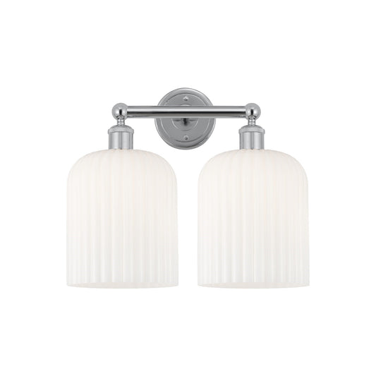 Innovations Bridal Veil 14in 2-Light Bath Vanity Light | Art Nouveau Industrial Polished Chrome and Gloss White Ribbed Glass | Model 616-2W-PC-G559-8GWH