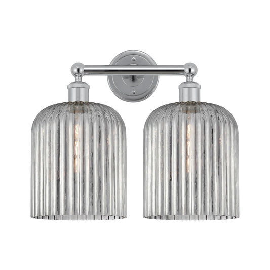 Innovations Bridal Veil 14in 2-Light Bath Vanity Light | Art Nouveau Polished Chrome and Light Smoke Ribbed Glass | Bathroom | Model 616-2W-PC-G559-8SM
