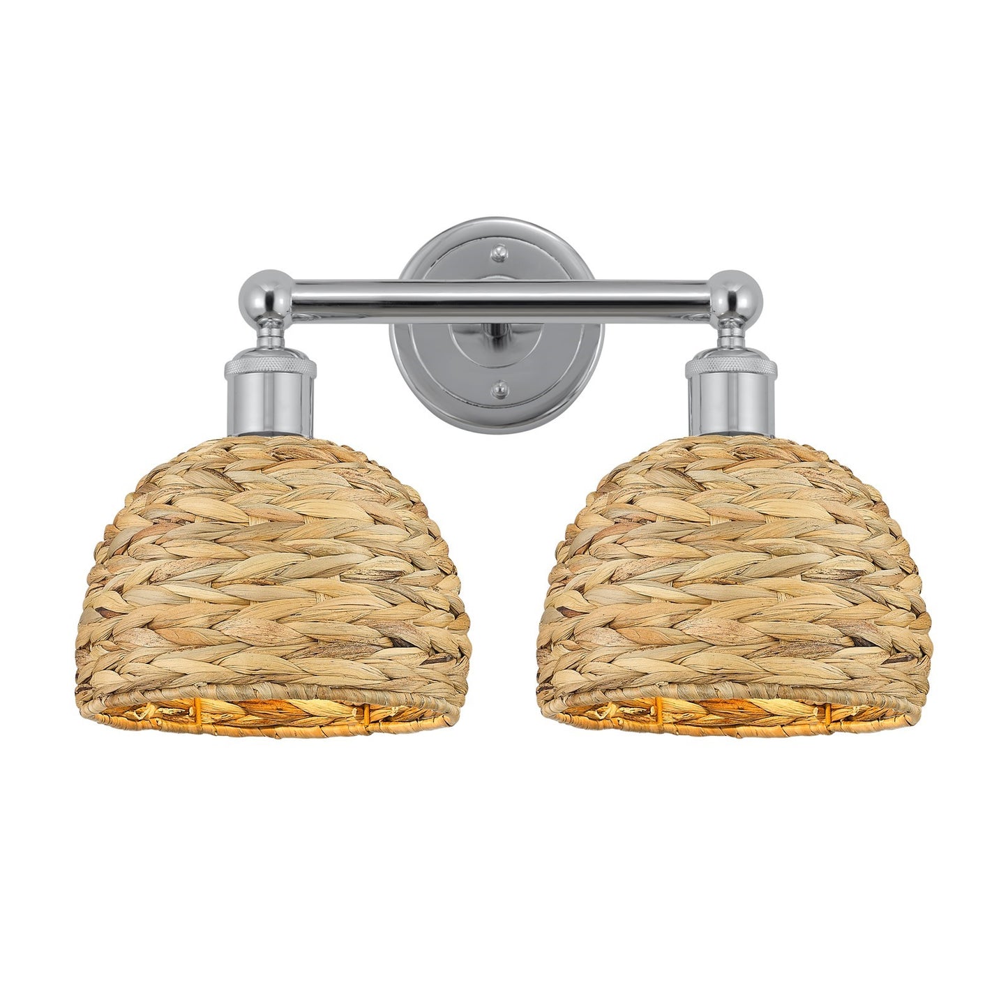 Innovations Woven Rattan 17in 2-Light Bath Vanity Light | Industrial Polished Chrome and Natural Fiber Dome Shade | Bathroom | Model 616-2W-PC-RBD-8-NAT
