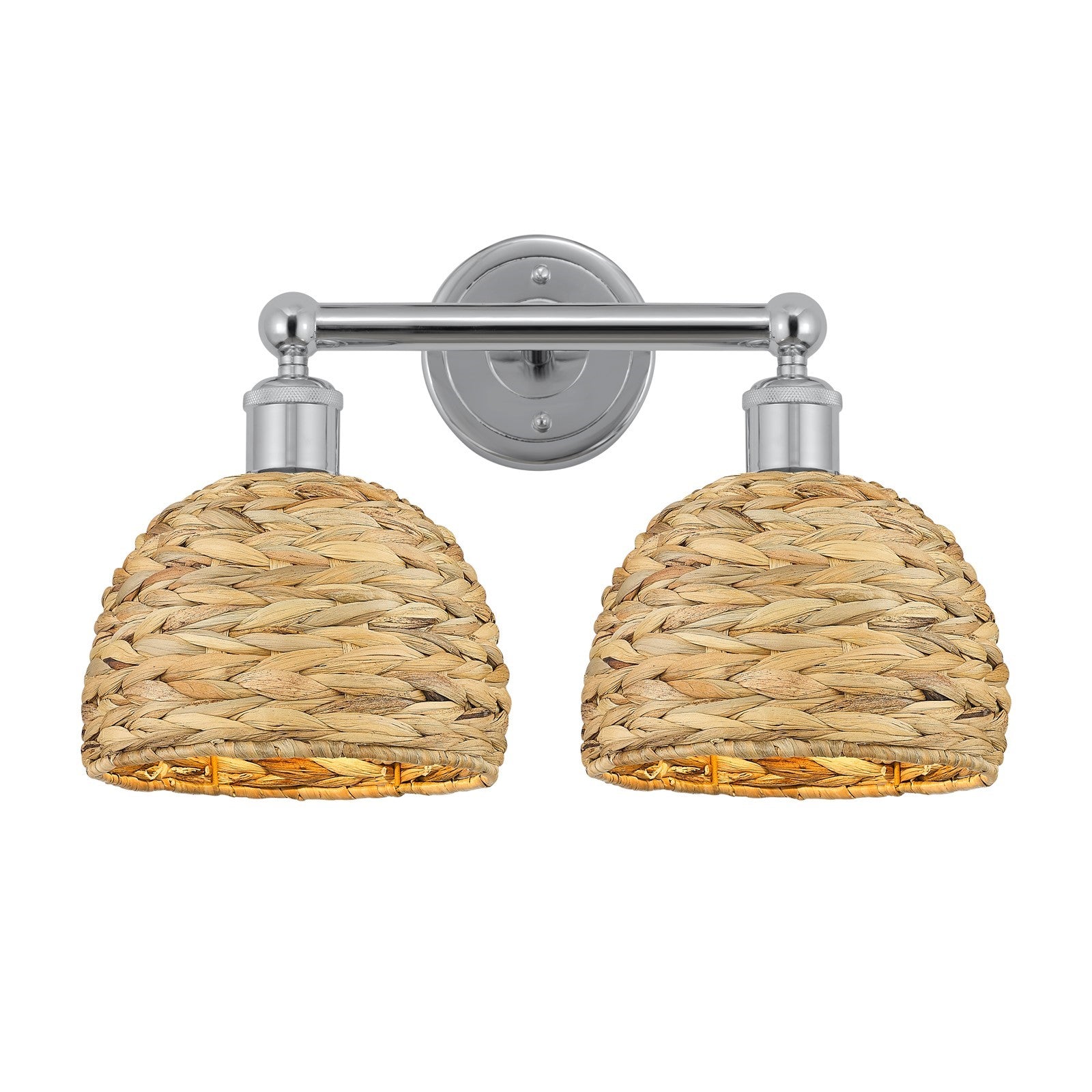 Innovations Woven Rattan 17in 2-Light Bath Vanity Light | Industrial Polished Chrome and Natural Fiber Dome Shade | Bathroom | Model 616-2W-PC-RBD-8-NAT