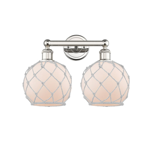 Innovations Farmhouse Rope 17in 2-Light Bath Vanity Light | Industrial Polished Nickel Steel and White Frosted Glass with Rope | Model 616-2W-PN-G121-8RW