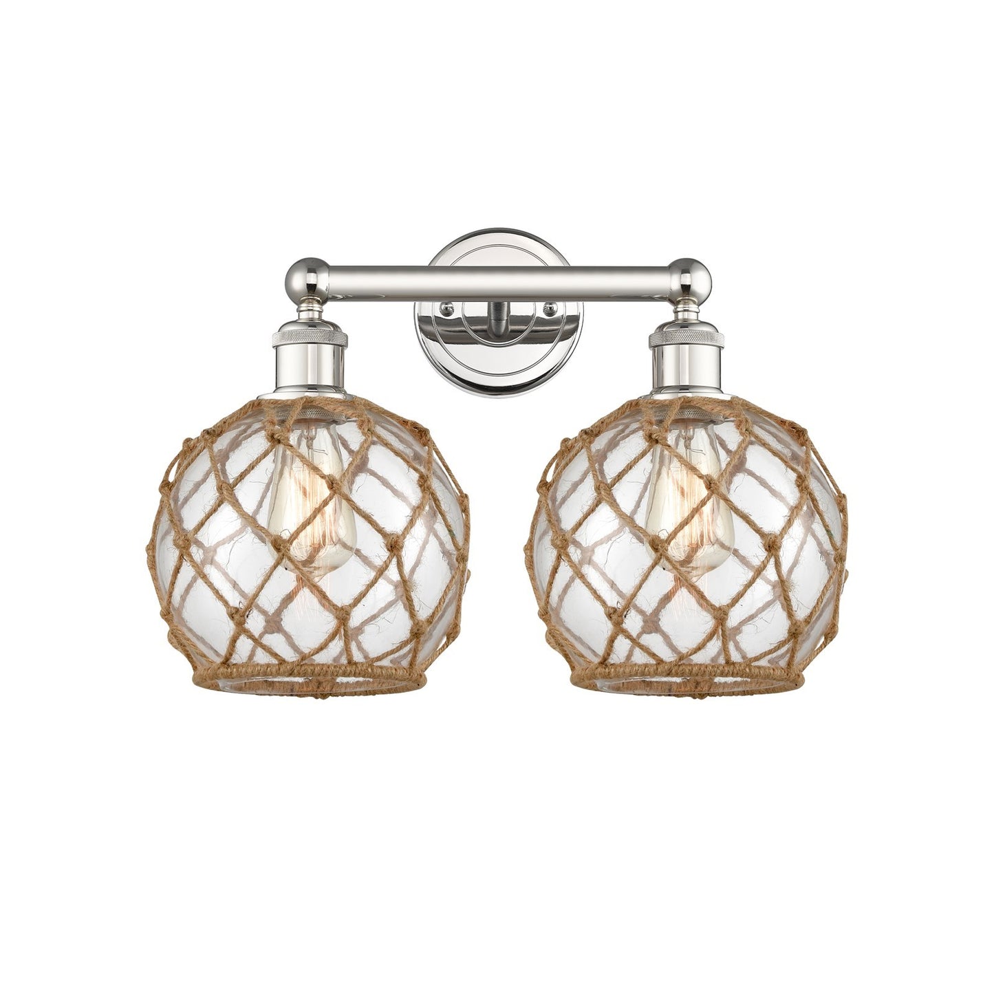 Innovations Farmhouse Rope 17in 2-Light Bath Vanity Light | Industrial Polished Nickel Steel and Clear Glass with Brown Rope | Model 616-2W-PN-G122-8RB