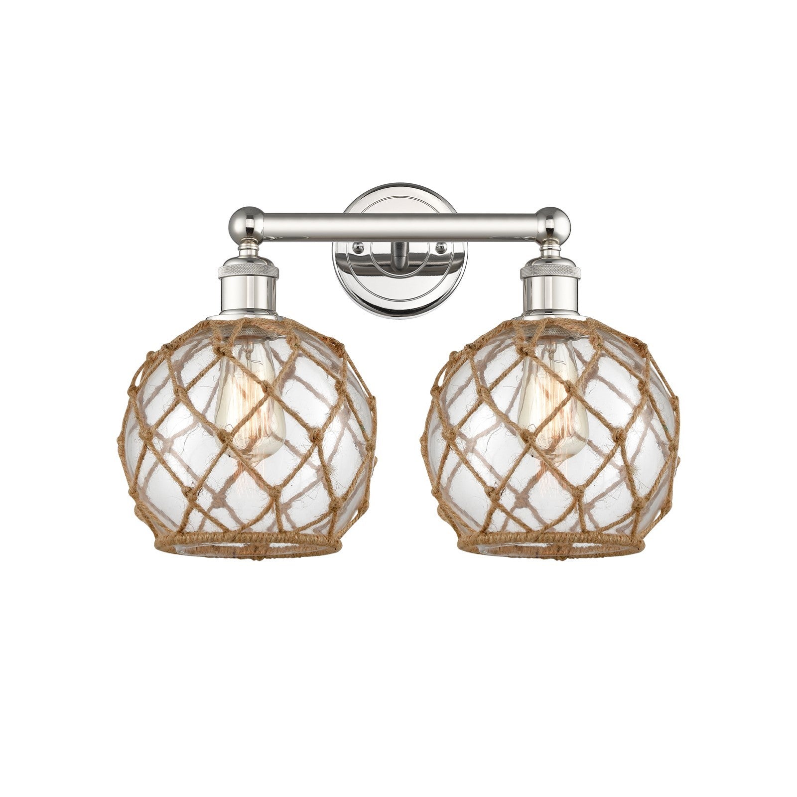 Innovations Farmhouse Rope 17in 2-Light Bath Vanity Light | Industrial Polished Nickel Steel and Clear Glass with Brown Rope | Model 616-2W-PN-G122-8RB