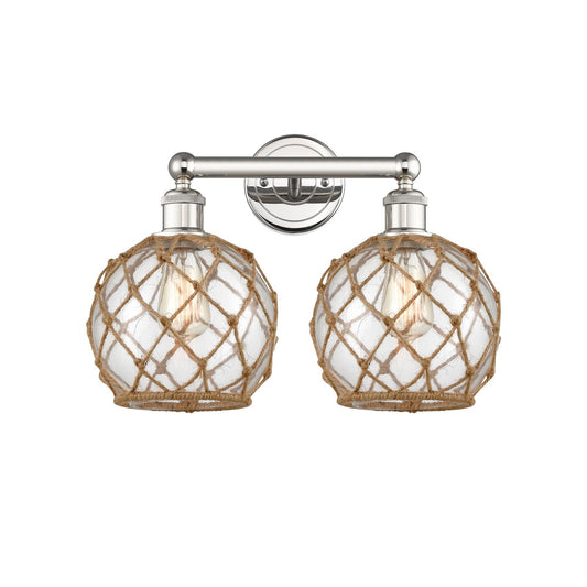 Innovations Farmhouse Rope 17in 2-Light Bath Vanity Light | Industrial Polished Nickel Steel and Clear Glass with Brown Rope | Model 616-2W-PN-G122-8RB