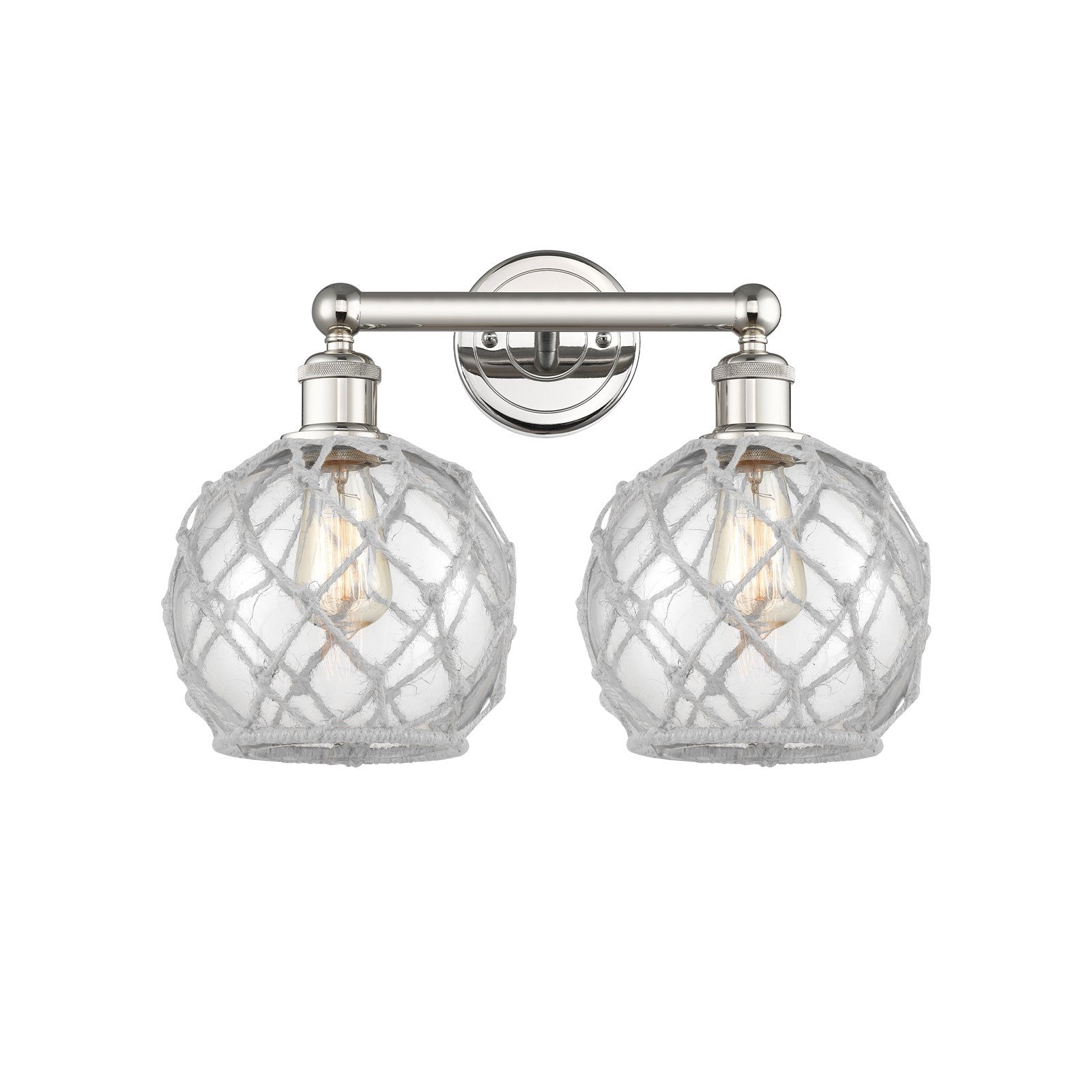 Innovations Farmhouse Rope 17in 2-Light Bath Vanity | Industrial Polished Nickel Steel and Clear Glass with White Rope | Model 616-2W-PN-G122-8RW