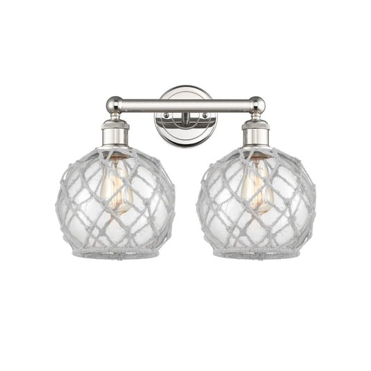 Innovations Farmhouse Rope 17in 2-Light Bath Vanity | Industrial Polished Nickel Steel and Clear Glass with White Rope | Model 616-2W-PN-G122-8RW