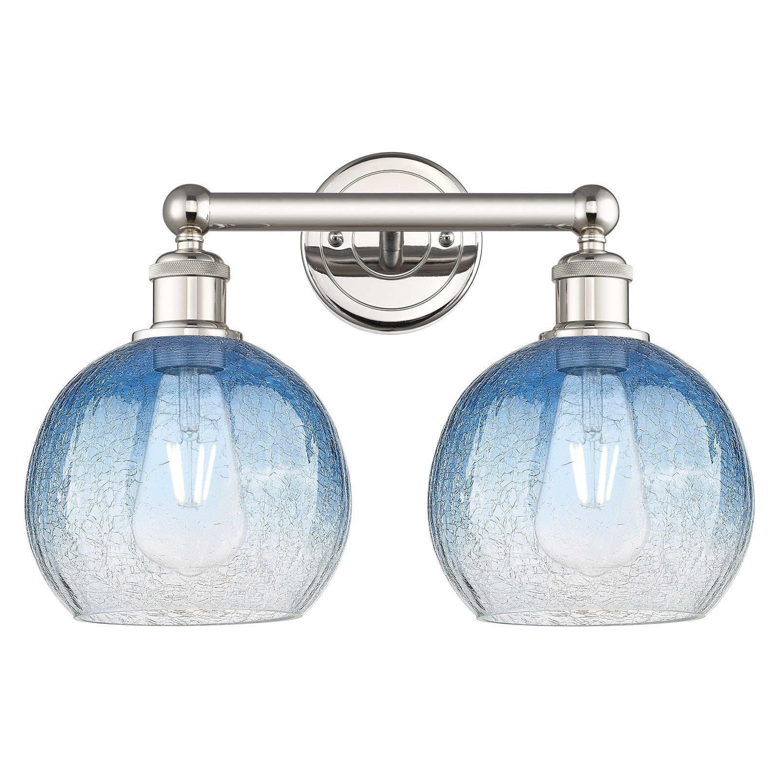 Innovations Brookhaven Globe 17in 2-Light Bath Vanity Light | Industrial Polished Nickel and Sapphire Blue Glass | Damp Rated | Model 616-2W-PN-G483-8SB