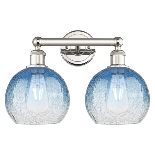 Innovations Brookhaven Globe 17in 2-Light Bath Vanity Light | Industrial Polished Nickel and Sapphire Blue Glass | Damp Rated | Model 616-2W-PN-G483-8SB