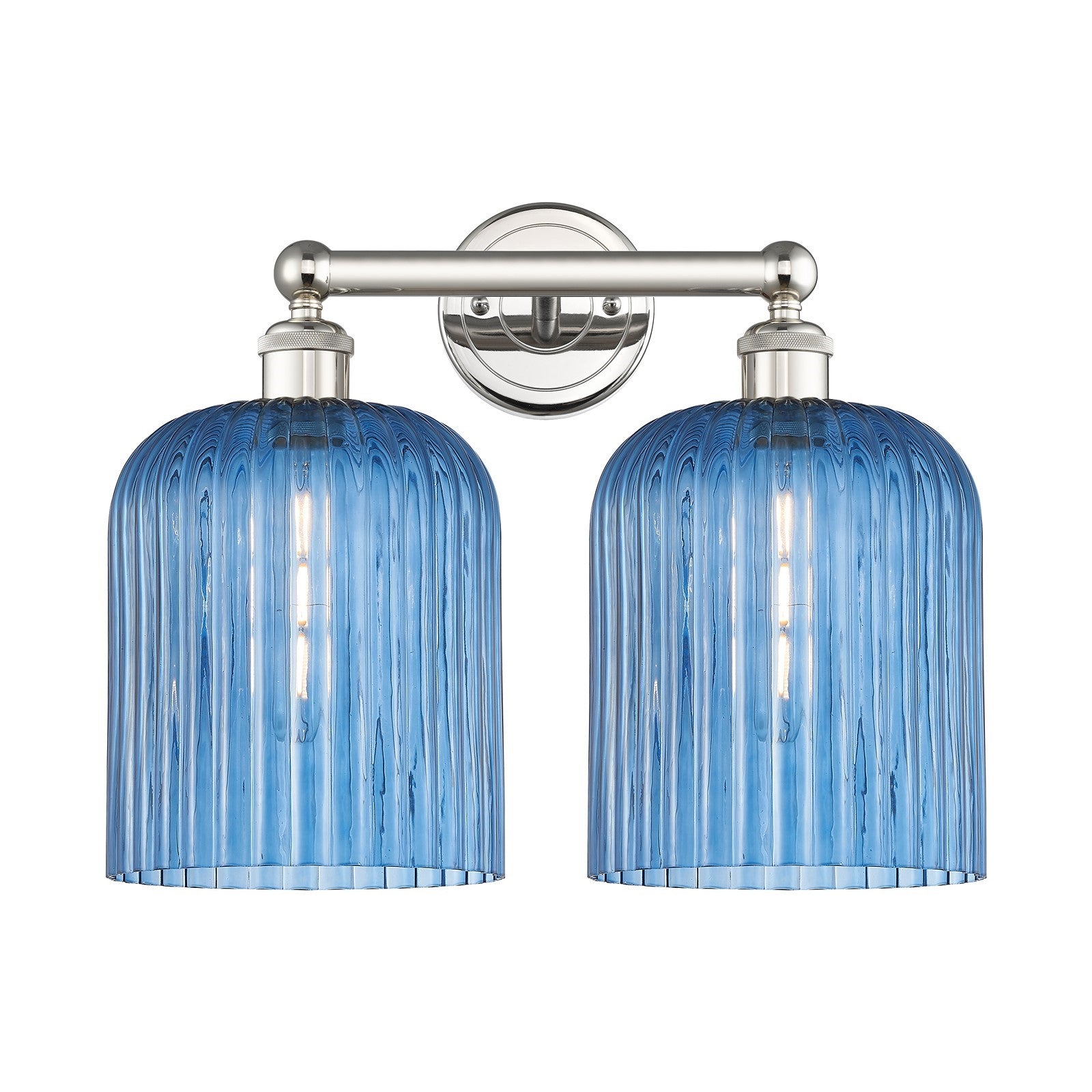 Innovations Bridal Veil 14in 2-Light Bath Vanity Light | Art Nouveau Polished Nickel Steel and Princess Blue Ribbed Glass | Model 616-2W-PN-G559-8BL