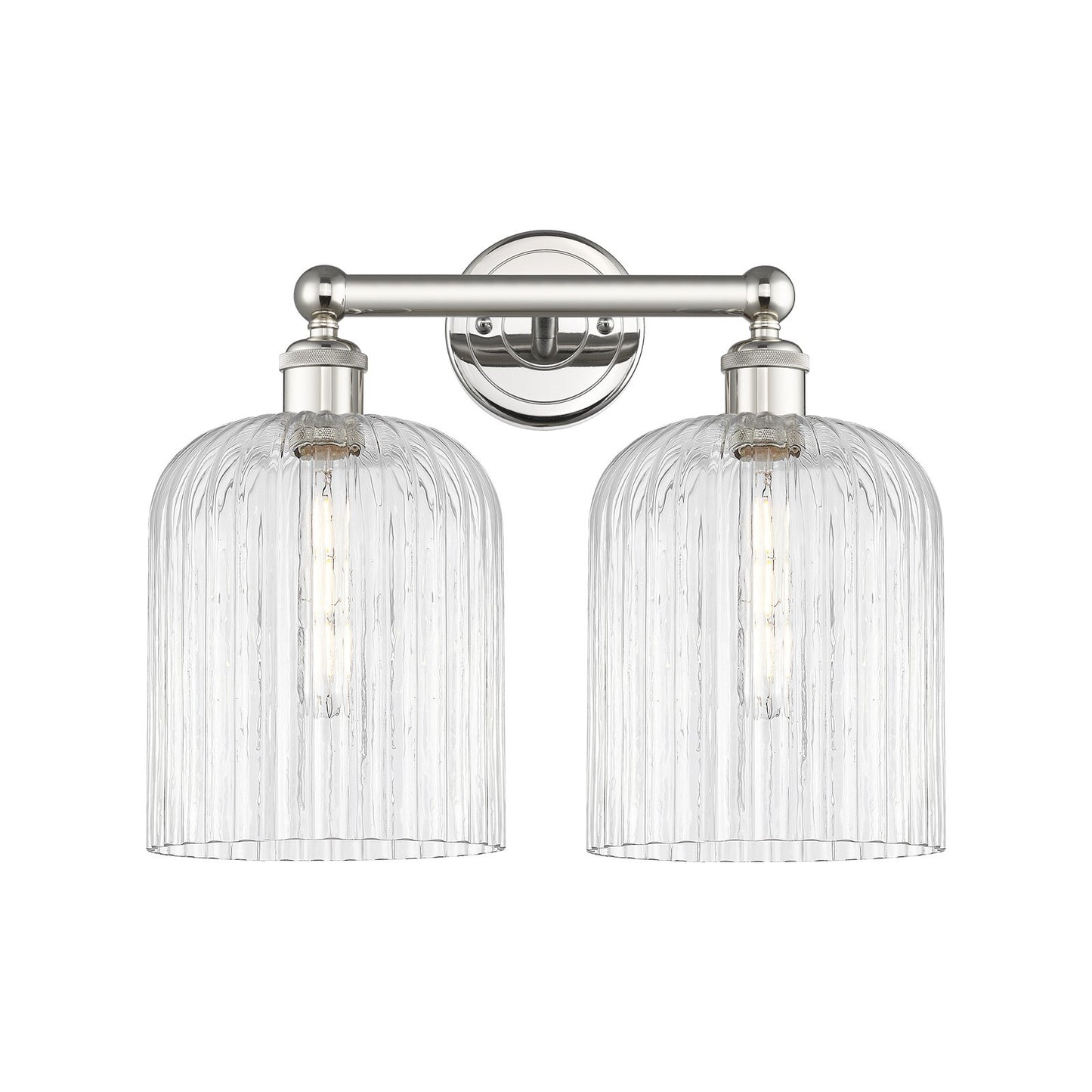 Innovations Bridal Veil 14in 2-Light Bath Vanity Light | Art Nouveau Polished Nickel Steel and Clear Ribbed Glass | Damp Rated | Model 616-2W-PN-G559-8CL