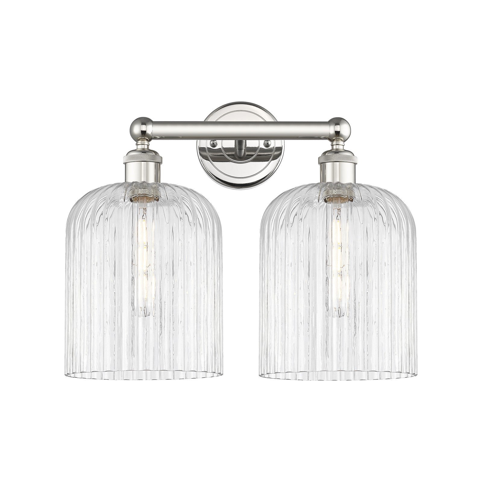 Innovations Bridal Veil 14in 2-Light Bath Vanity Light | Art Nouveau Polished Nickel Steel and Clear Ribbed Glass | Damp Rated | Model 616-2W-PN-G559-8CL