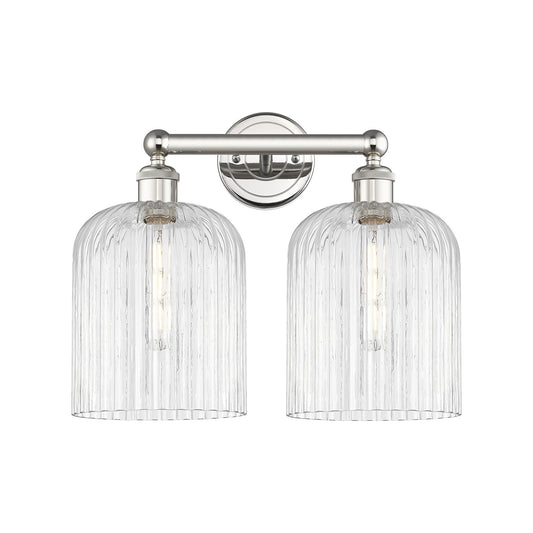Innovations Bridal Veil 14in 2-Light Bath Vanity Light | Art Nouveau Polished Nickel Steel and Clear Ribbed Glass | Damp Rated | Model 616-2W-PN-G559-8CL