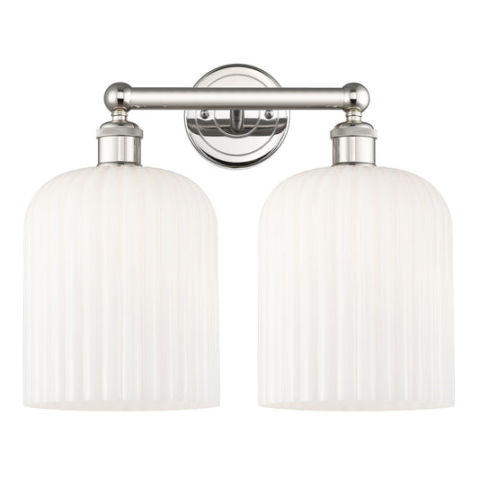 Innovations Bridal Veil 14in 2-Light Bath Vanity Light | Art Nouveau Industrial Polished Nickel and Gloss White Ribbed Glass | Model 616-2W-PN-G559-8GWH