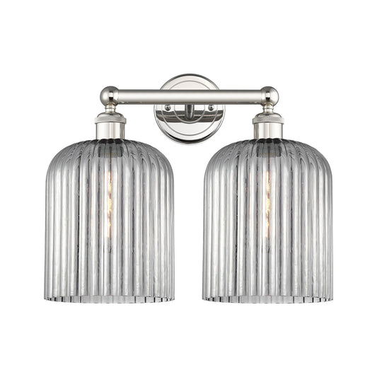 Innovations Bridal Veil 14in 2-Light Bath Vanity Light | Art Nouveau Polished Nickel and Light Smoke Ribbed Glass | Bathroom | Model 616-2W-PN-G559-8SM