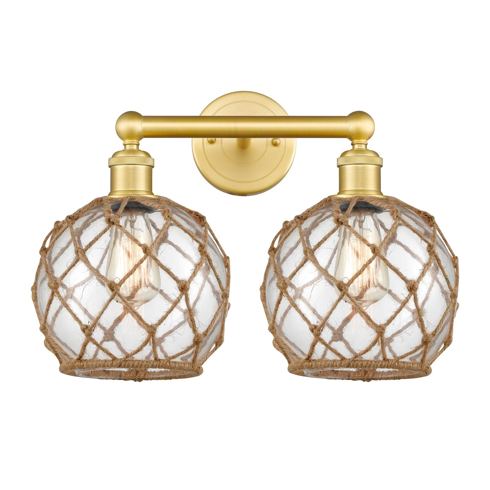 Innovations Farmhouse Rope 17in 2-Light Bath Vanity | Industrial Satin Gold Steel and Cast Brass with Clear Glass and Brown | Model 616-2W-SG-G122-8RB