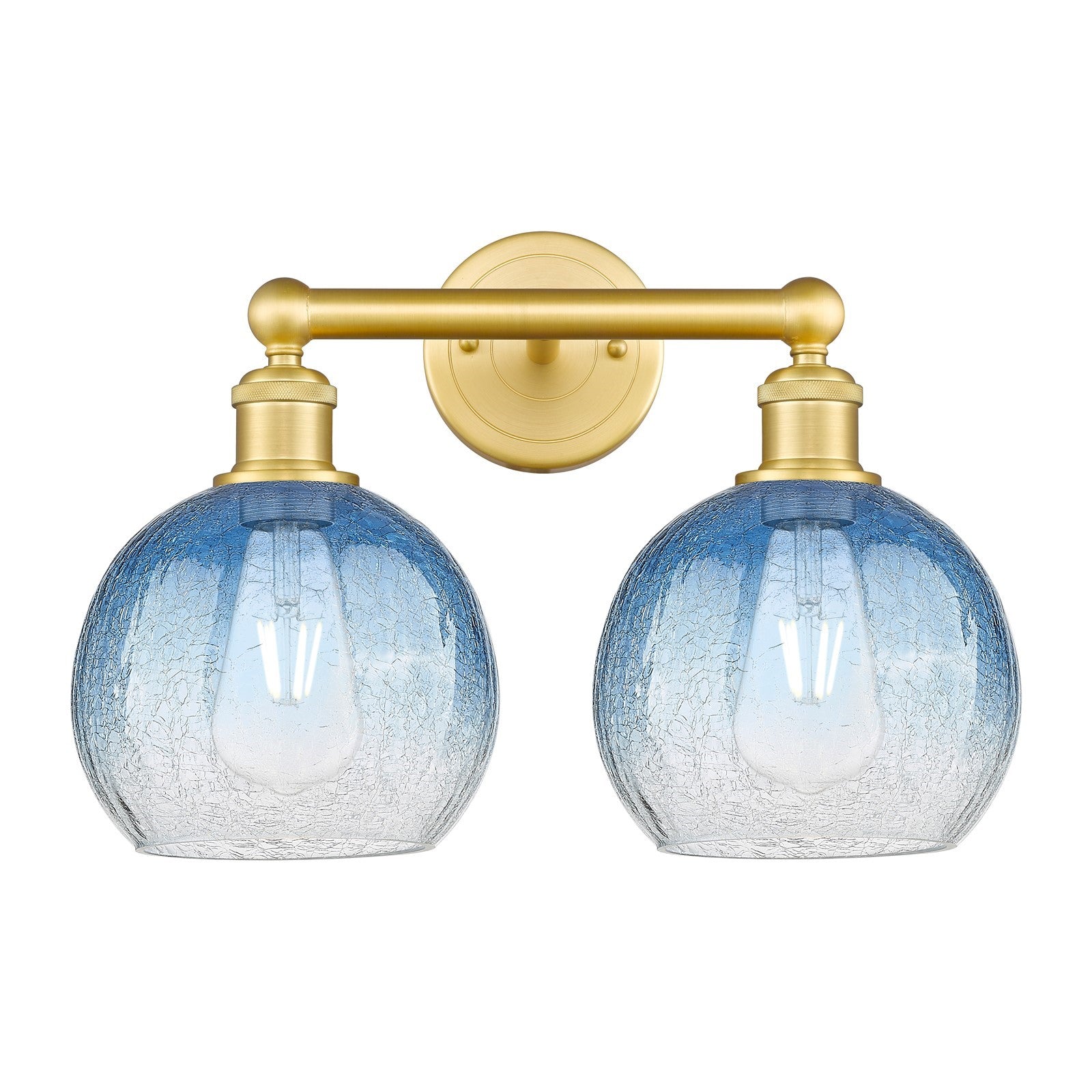 Innovations Brookhaven Globe 17in 2-Light Bath Vanity | Industrial Satin Gold Steel and Sapphire Blue Glass | Damp-Rated | Model 616-2W-SG-G483-8SB