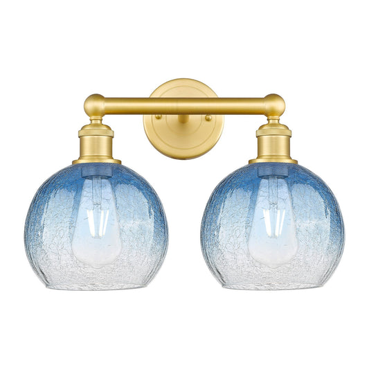 Innovations Brookhaven Globe 17in 2-Light Bath Vanity | Industrial Satin Gold Steel and Sapphire Blue Glass | Damp-Rated | Model 616-2W-SG-G483-8SB