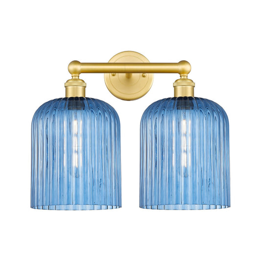 Innovations Bridal Veil 14in 2-Light Bath Vanity | Art Nouveau Satin Gold Steel and Princess Blue Ribbed Glass | Bathroom | Model 616-2W-SG-G559-8BL